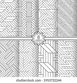 A set of vector seamless patterns. Modern geometric textures. Endlessly repeated geometric ornaments with various geometric shapes: crosses, triangles, rhombs, diamonds. Monochrome.