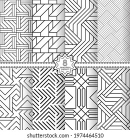 A set of vector seamless patterns. Modern geometric textures. Endlessly repeated geometric ornaments with various geometric shapes: crosses, triangles, rhombs, diamonds. Monochrome.