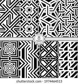 A set of vector seamless patterns. Modern geometric textures. Endlessly repeated geometric ornaments with various geometric shapes: crosses, triangles, rhombs, diamonds. Monochrome.