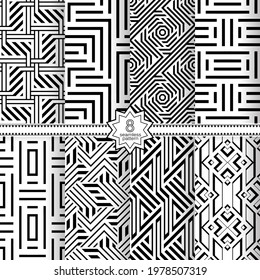 A set of vector seamless patterns. Modern geometric textures. Endlessly repeated geometric ornaments with various geometric shapes: crosses, triangles, rhombs, diamonds. Monochrome.