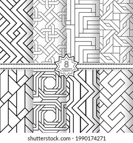 A set of vector seamless patterns. Modern geometric textures. Endlessly repeated geometric ornaments with various geometric shapes: crosses, triangles, rhombs, diamonds. Monochrome.