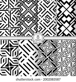 A set of vector seamless patterns. Modern geometric textures. Endlessly repeated geometric ornaments with various geometric shapes: crosses, triangles, rhombs, diamonds. Monochrome.