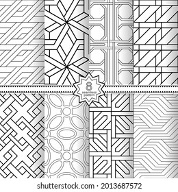 A set of vector seamless patterns. Modern geometric textures. Endlessly repeated geometric ornaments with various geometric shapes: crosses, triangles, rhombs, diamonds. Monochrome.