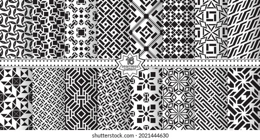 A set of vector seamless patterns. Modern geometric textures. Endlessly repeated geometric ornaments with various geometric shapes: crosses, triangles, rhombs, diamonds. Monochrome.