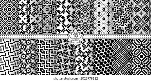 A set of vector seamless patterns. Modern geometric textures. Endlessly repeated geometric ornaments with various geometric shapes: crosses, triangles, rhombs, diamonds. Monochrome.