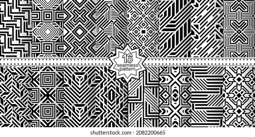 A set of vector seamless patterns. Modern geometric textures. Endlessly repeated geometric ornaments with various geometric shapes: crosses, triangles, rhombs, diamonds. Monochrome.