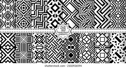 A set of vector seamless patterns. Modern geometric textures. Endlessly repeated geometric ornaments with various geometric shapes: crosses, triangles, rhombs, diamonds. Monochrome.