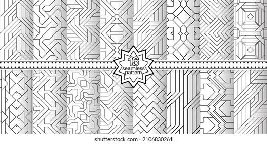 A set of vector seamless patterns. Modern geometric textures. Endlessly repeated geometric ornaments with various geometric shapes: crosses, triangles, rhombs, diamonds. Monochrome.