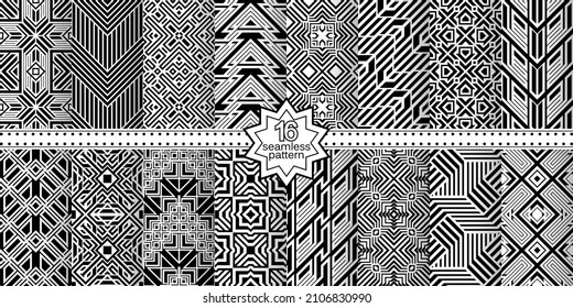 A set of vector seamless patterns. Modern geometric textures. Endlessly repeated geometric ornaments with various geometric shapes: crosses, triangles, rhombs, diamonds. Monochrome.