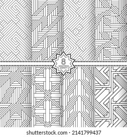 A set of vector seamless patterns. Modern geometric textures. Endlessly repeated geometric ornaments with various geometric shapes: crosses, triangles, rhombs, diamonds. Monochrome.