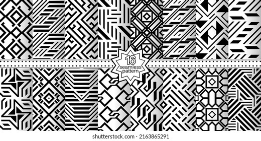 A set of vector seamless patterns. Modern geometric textures. Endlessly repeated geometric ornaments with various geometric shapes: crosses, triangles, rhombs, diamonds. Monochrome.