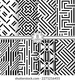 A set of vector seamless patterns. Modern geometric textures. Endlessly repeated geometric ornaments with various geometric shapes: crosses, triangles, rhombs, diamonds. Monochrome.