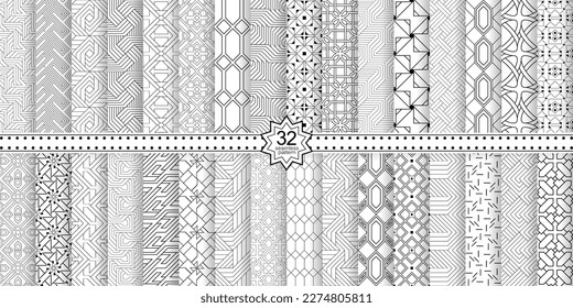 A set of vector seamless patterns. Modern geometric textures. Infinitely repeating geometric ornaments with various geometric figures: crosses, triangles, diamonds, diamonds. Monochrome, linear.
