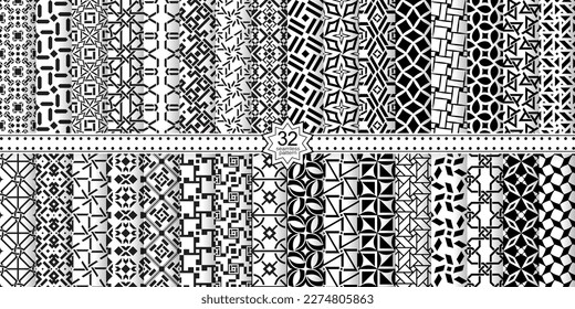 A set of vector seamless patterns. Modern geometric textures. Endlessly repeated geometric ornaments with various geometric shapes: crosses, triangles, rhombs, diamonds. Monochrome.