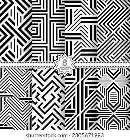 A set of vector seamless patterns. Modern geometric textures. Infinitely repeated geometric ornaments with various geometric figures. Monochrome.