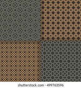 Set of vector seamless patterns. Modern geometrical textures with crossed geometri? shapes. Intersecting stars, rhombuses, diamonds, squares. Regularly repeating luxury wallpapers, backgrounds.