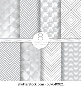 Set of vector seamless patterns. Modern stylish geometric textures. Infinitely repeating geometrical ornaments with different geometric shapes: rhombuses, diamonds, zigzags, waves, maze
