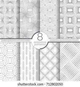 Conjunto de padrões de vetor sem costura. Texturas geométricas modernas e elegantes com pequenos pontos. Ornamentos geométricos infinitamente repetidos com formas pontilhadas: ziguezague, losango, diamante, ziguezague, ondas, linhas pontilhadas.