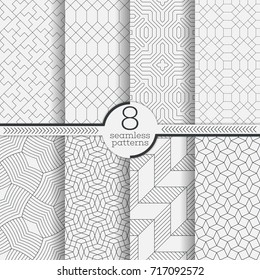 Set of vector seamless patterns. Modern stylish geometric textures. Infinitely repeating geometrical ornaments with different geometric shapes: Crosses, thin lines, triangles, rhombuses, diamonds