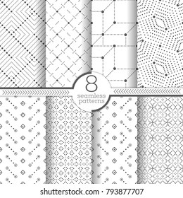 Set of vector seamless patterns. Modern stylish geometric textures with small dots. Infinitely repeating geometrical ornaments with dotted shapes. Trendy graphic design