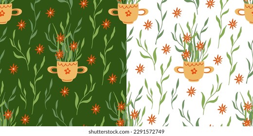 Set of vector seamless patterns with mugs and wild flowers on white and green backgrounds. Great for linens, wallpapers, covers.