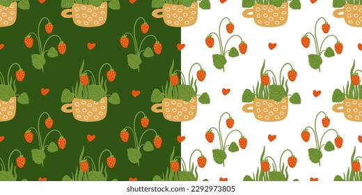Set of vector seamless patterns with mugs and strawberries on white and green backgrounds. Great for linens, wallpapers, covers. 