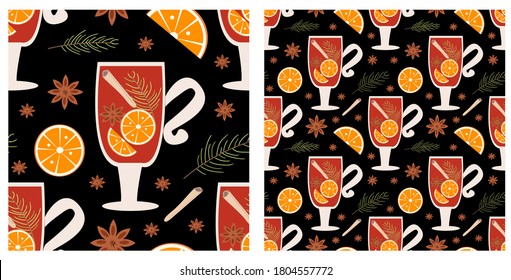Set of vector seamless patterns with mulled wine and ingredients on black background.Winter decoration for kitchen textiles, wrapping paper, cafe decoration and products.
