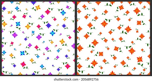 Set of vector seamless patterns. Multicolored flowers on a white isolated background. Flowers are scattered randomly. An elegant and unique backdrop for trendy prints. 