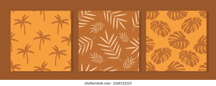 set of vector seamless patterns with palm trees and palm leaves