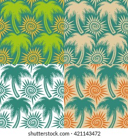 Set of vector seamless patterns with palm trees and sun.