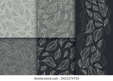 set of vector seamless patterns, pattern with leaves, smooth lines with banner, dark gray shades