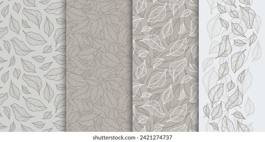 set of vector seamless patterns, pattern with leaves, smooth lines with banner, pastel beige shades