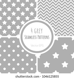 Set of vector seamless patterns with polka dots, zigzag and stars in pastel grey color