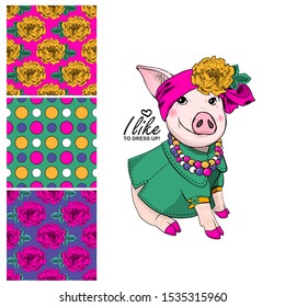 Set of vector seamless patterns with pretty pig. Print on T-shirts, bags and and other fashion products. Design children's clothing and accessories.