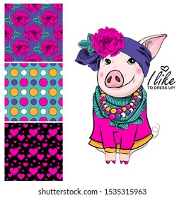 Set of vector seamless patterns with pretty pig. Print on T-shirts, bags and and other fashion products. Design children's clothing and accessories.