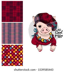 Set of vector seamless patterns with pretty dressed pig. Print on T-shirts, bags and and other fashion products. Design children's clothing and accessories.