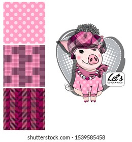 Set of vector seamless patterns with pretty dressed pig. Print on T-shirts, bags and and other fashion products. Design children's clothing and accessories.