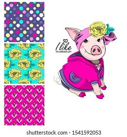 Set of vector seamless patterns with pretty dressed pig. Print on T-shirts, bags and and other fashion products. Design children's clothing and accessories.