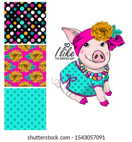 Set of vector seamless patterns with pretty dressed pig. Print on T-shirts, bags and and other fashion products. Design children's clothing and accessories.