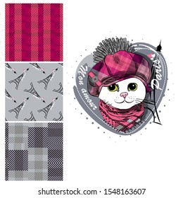 Set of vector seamless patterns with pretty dressed cat. My love Paris. Print on T-shirts, bags and and other fashion products. Design children's clothing and accessories.