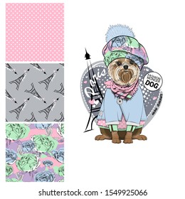 Set of vector seamless patterns with pretty dressed dog. My love Paris. Print on T-shirts, bags and and other fashion products. Design children's clothing and accessories.