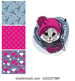 Set of vector seamless patterns with pretty dressed cat. My love Paris. Print on T-shirts, bags and and other fashion products. Design children's clothing and accessories.