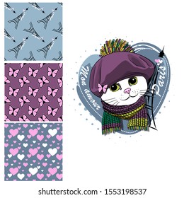 Set of vector seamless patterns with pretty dressed cat. My love Paris. Print on T-shirts, bags and and other fashion products. Design children's clothing and accessories.