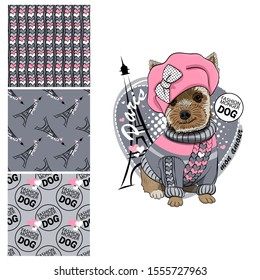 Set of vector seamless patterns with pretty dressed dog. My love Paris. Print on T-shirts, bags and and other fashion products. Design children's clothing and accessories.