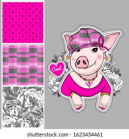 Set of vector seamless patterns with pretty dressed pig. Print on T-shirts, bags and and other fashion products. Design children's clothing and accessories.