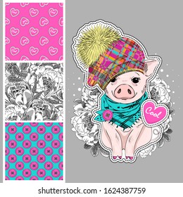 Set of vector seamless patterns with pretty dressed pig. Print on T-shirts, bags and and other fashion products. Design children's clothing and accessories.