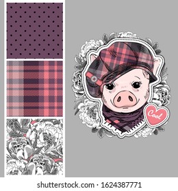 Set of vector seamless patterns with pretty dressed pig. Print on T-shirts, bags and and other fashion products. Design children's clothing and accessories.