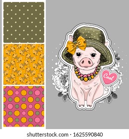 Set of vector seamless patterns with pretty dressed pig. Print on T-shirts, bags and and other fashion products. Design children's clothing and accessories.
