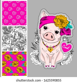 Set of vector seamless patterns with pretty dressed pig. Print on T-shirts, bags and and other fashion products. Design children's clothing and accessories.