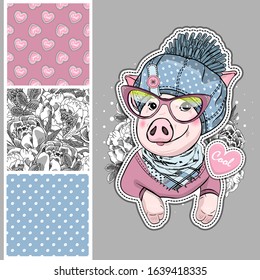 Set of vector seamless patterns with pretty dressed pig. Print on T-shirts, bags and and other fashion products. Design children's clothing and accessories.